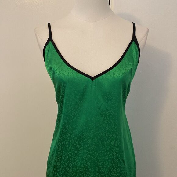 Kelly Green Floral Satin Midi Dress with Black Trim Size Small / Medium - Picture 3 of 13